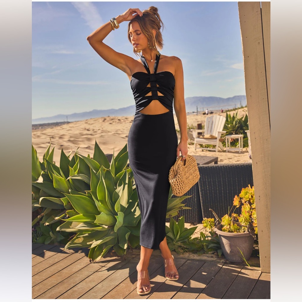 Vici Black Strapless Cutout Midi Dress